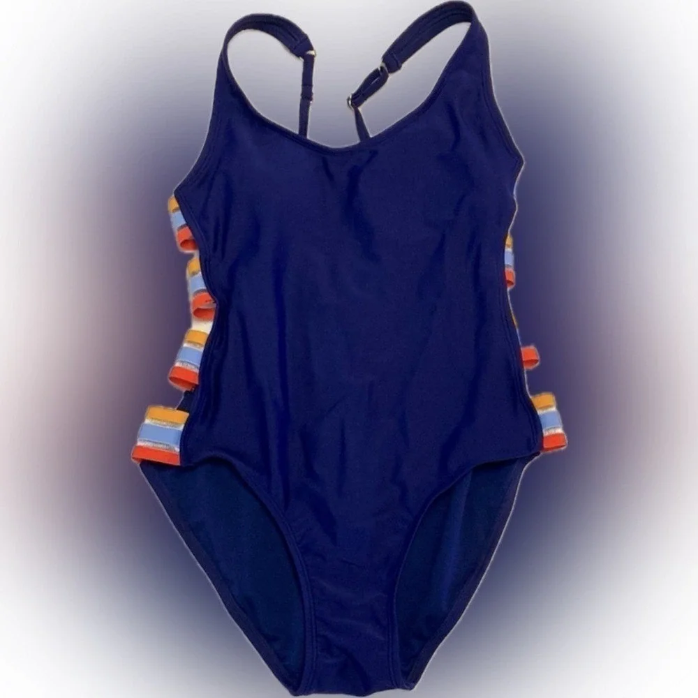 Blue One-Piece Swimsuit with Multicolored Cut-out Sides